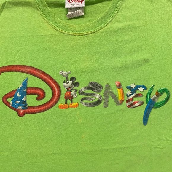 Vintage Y2K Disney Logo Shirt Lime Green Mickey Mouse Tee - Picture 3 of 6